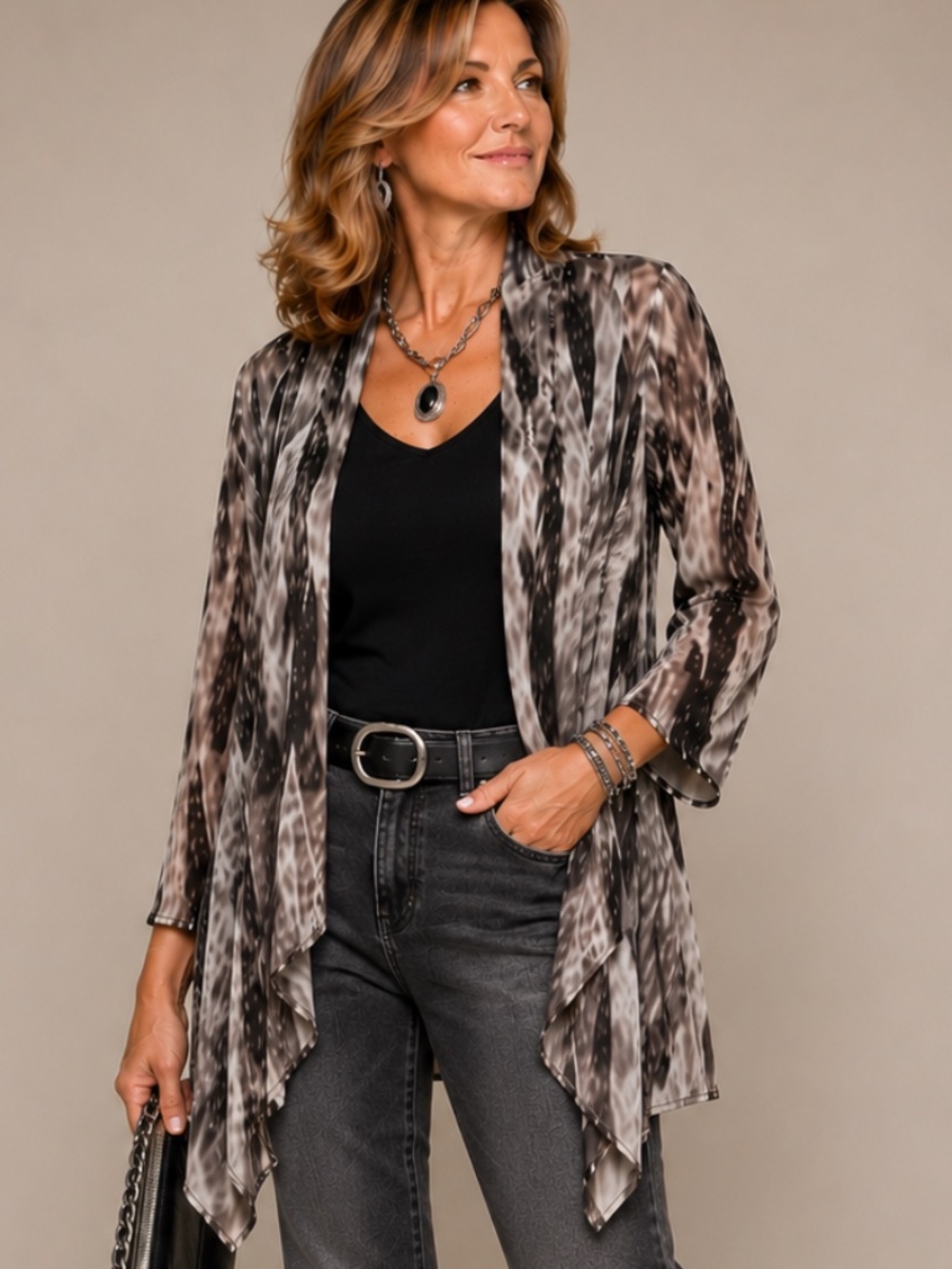 Reitmans - Abstract Print Chiffon Open Front Topper - SzM